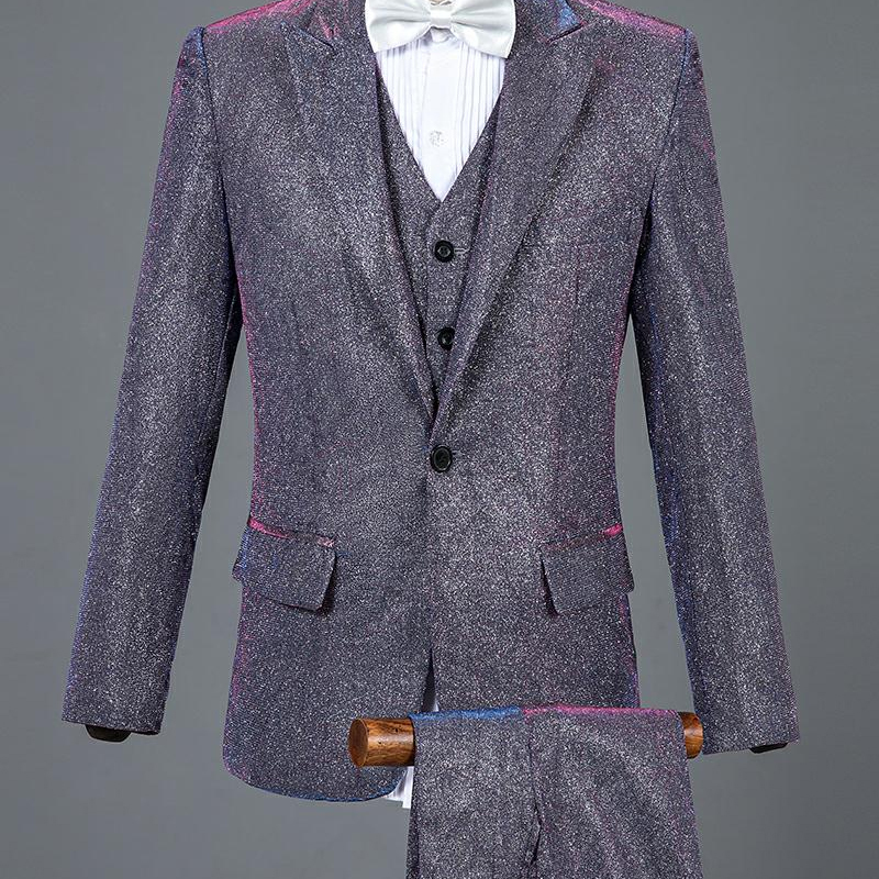 个性西装三件套男潮流亮面小西装