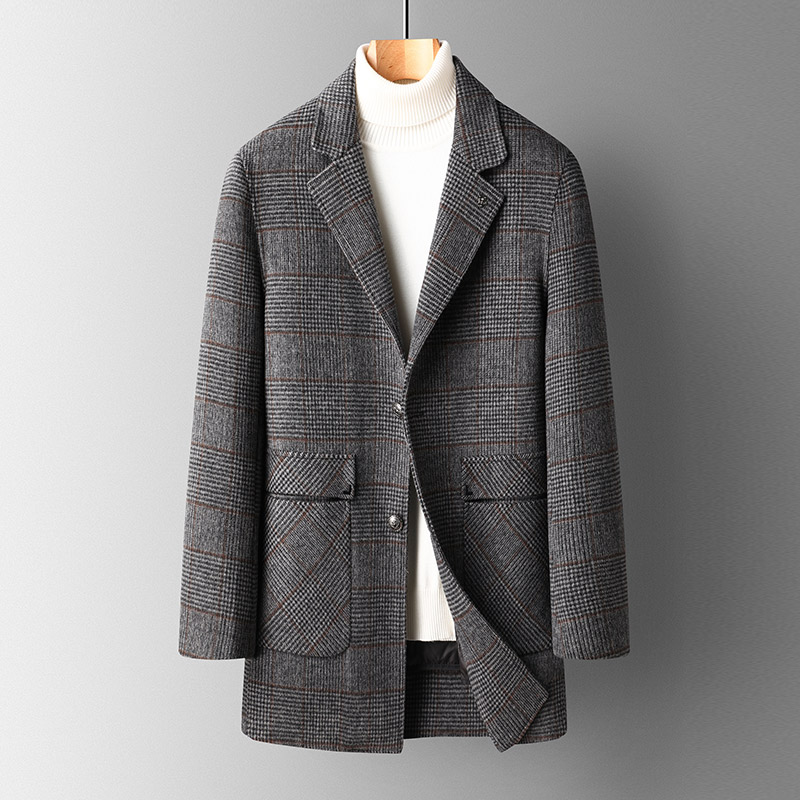 免费试穿 男士双面呢大衣春装新款爸爸羊毛呢子西服领男装双面羊绒