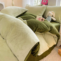 冬季加厚牛奶绒四件套牛奶绒珊瑚绒床单被罩双面法兰绒床上三件套_920 1.5m床单四件套被套2.0*2.3m床单2.3*2.5m枕 纯色-橄榄绿