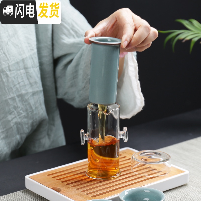 三维工匠功夫茶具玻璃双耳泡茶器透明家用耐热泡红茶茶具陶瓷旅行套装 泡茶器+四杯高清大图
