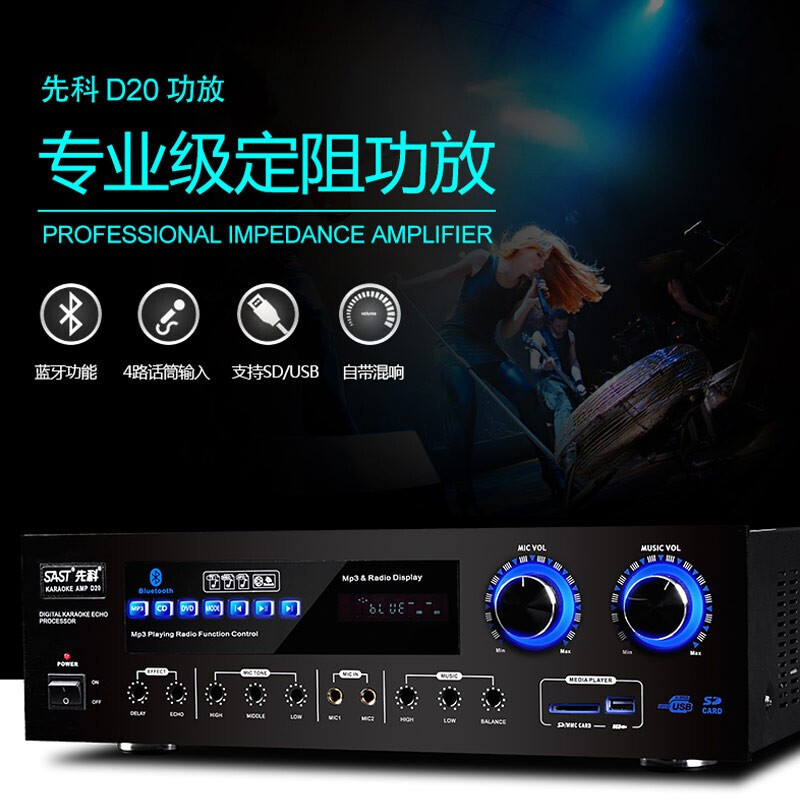 先科(SAST) D20家用功放机专业大功率重低音家庭影院蓝牙卡拉OK AV功放 家用音响KTV音响2.0功放高清大图