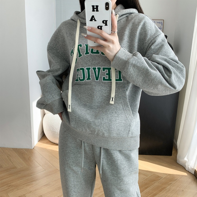 唐狮 女春装连帽前胸字母学院风卫衣长裤ins