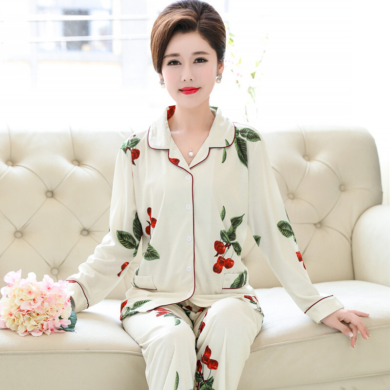 睡衣女士春秋季纯棉长袖家居服秋季全棉中年妈妈中老年人婆婆套装