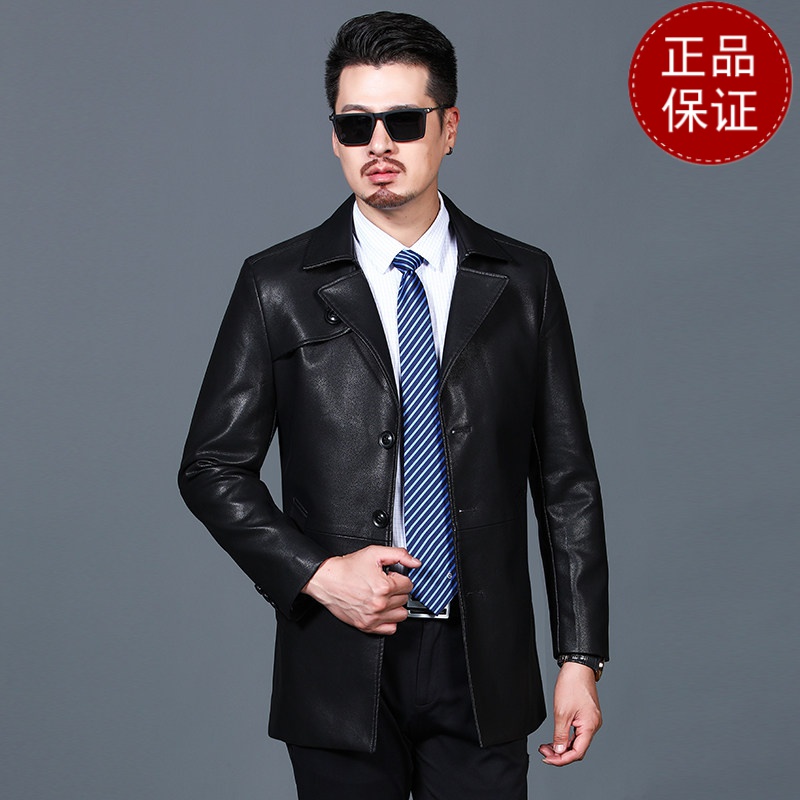 免费试穿 春秋装防水皮风衣男外套时尚西装领短款大衣后中开叉修身中长款皮衣2024冬装新款外套潮海宁软皮夹克大码男装 黑色 170