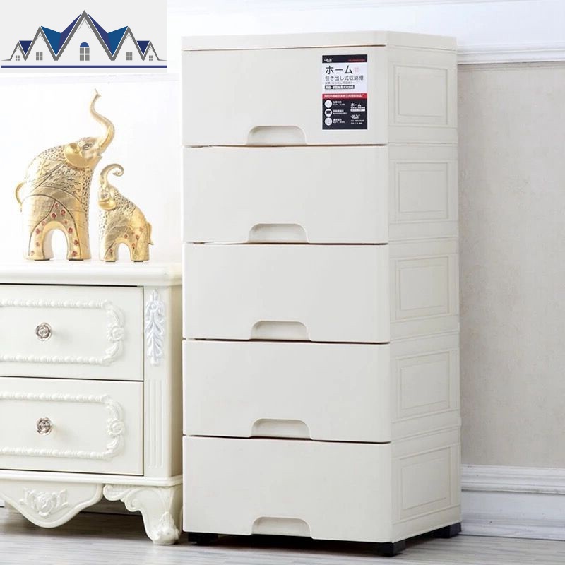 收纳柜子抽屉式夹缝收纳柜塑料储物柜衣服整理箱多功能家用五斗柜 三维工匠 纯米色3层