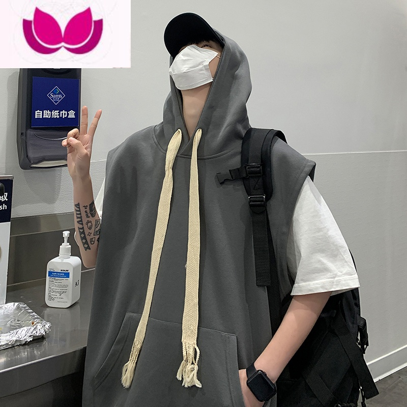 七斓夏季连帽背心男运动休闲ins潮牌港风学生百搭潮流宽松无袖T恤卫衣
