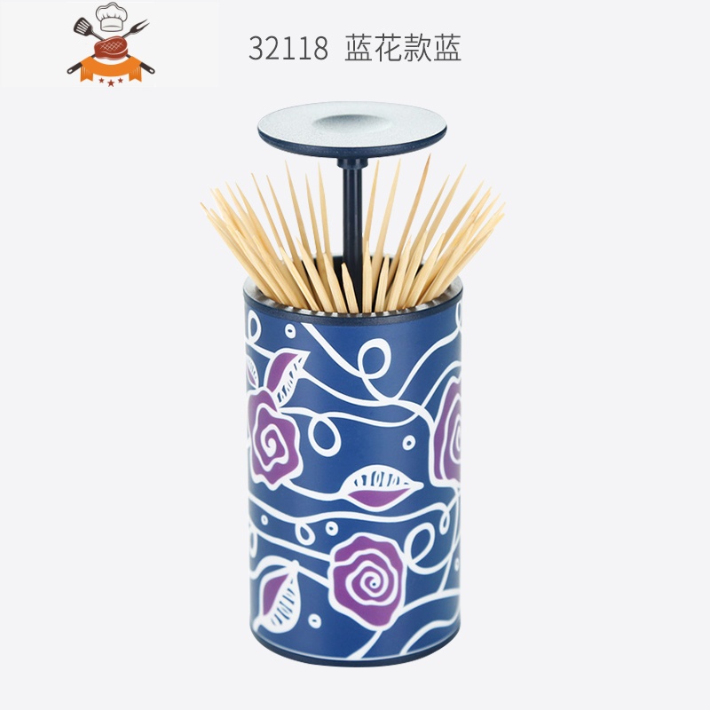 日式简约自动牙签盒时尚按压弹出式二合一棉签筒棉棒收纳桶 敬平 554安雅蓝花款 蓝7L5时按5