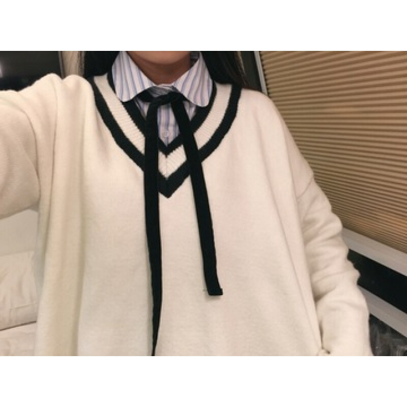 学院风春秋新款韩版少女娃娃领绑带条纹衬衣宽松长袖衬衫学生上衣 蓝白条纹 均码