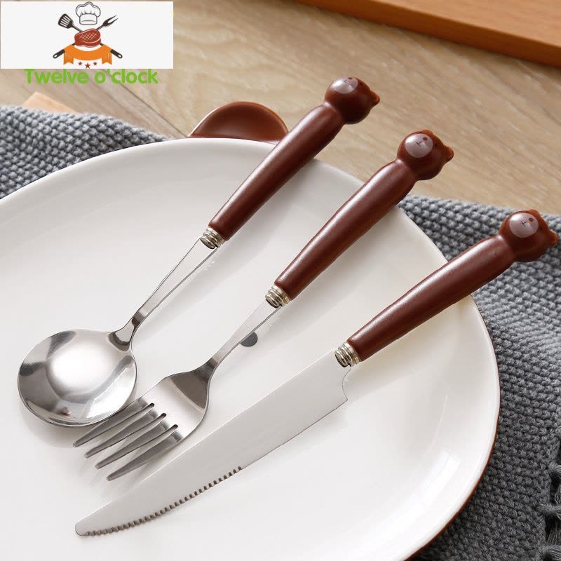 刀叉勺三件套家用可爱牛排刀叉盘子套装西餐餐具网红儿童叉子勺子 刀叉勺+盘(小熊)[拍下送收纳盒] 敬平图片