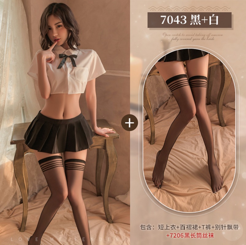 霏慕情趣内衣性感后背透纱校园制服波点飘带透视jk制服百褶短裙套装女士床上衣服成人用品 女式情趣睡衣7043 7043黑-白+7206黑【长筒丝袜】 均码