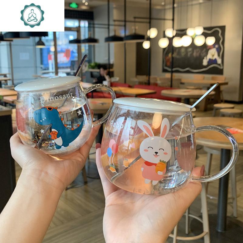 耐热玻璃茶杯透明可爱少女心家用早餐杯带盖牛奶杯子创意个性潮流大肚 封后 恐龙480ml+勺+盖
