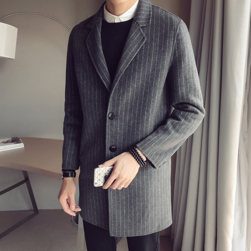 newlake风衣男中长款英伦风毛呢西装外套秋冬季成熟稳重韩版条纹呢子