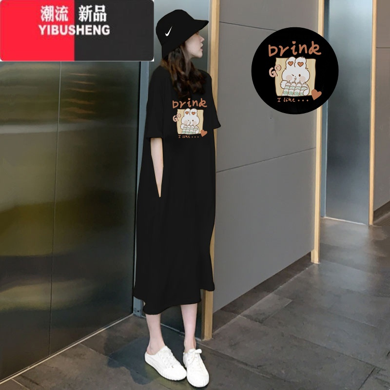YIBUSHENG2024年新款季t恤裙子宽松大码显瘦短袖连衣裙女装开叉长裙