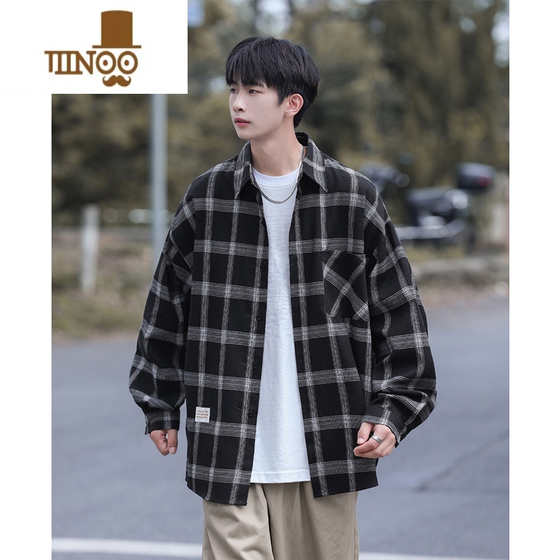 YANXU格子衬衫男长袖日系复古痞帅百搭潮流宽松学生休闲衬衣外流高清大图