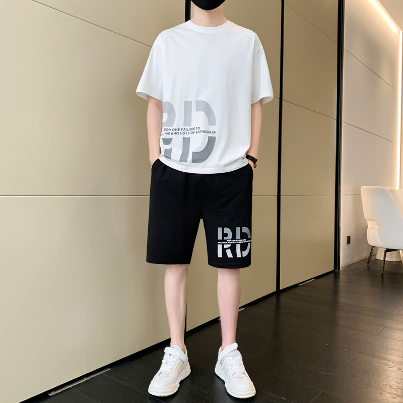 啄木鸟冰丝套装男士夏季薄款运动短袖t恤一套搭配五分休闲短裤男 0856白色 4XL175-195斤可穿