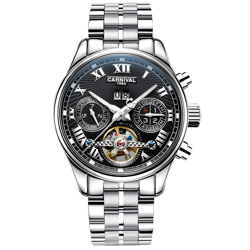 正品嘉年华Carnival大表盘飞轮全自动机械表 男手表时尚休闲男表防水镂空真皮表带金属精钢腕表8660G 本色黑面钢带