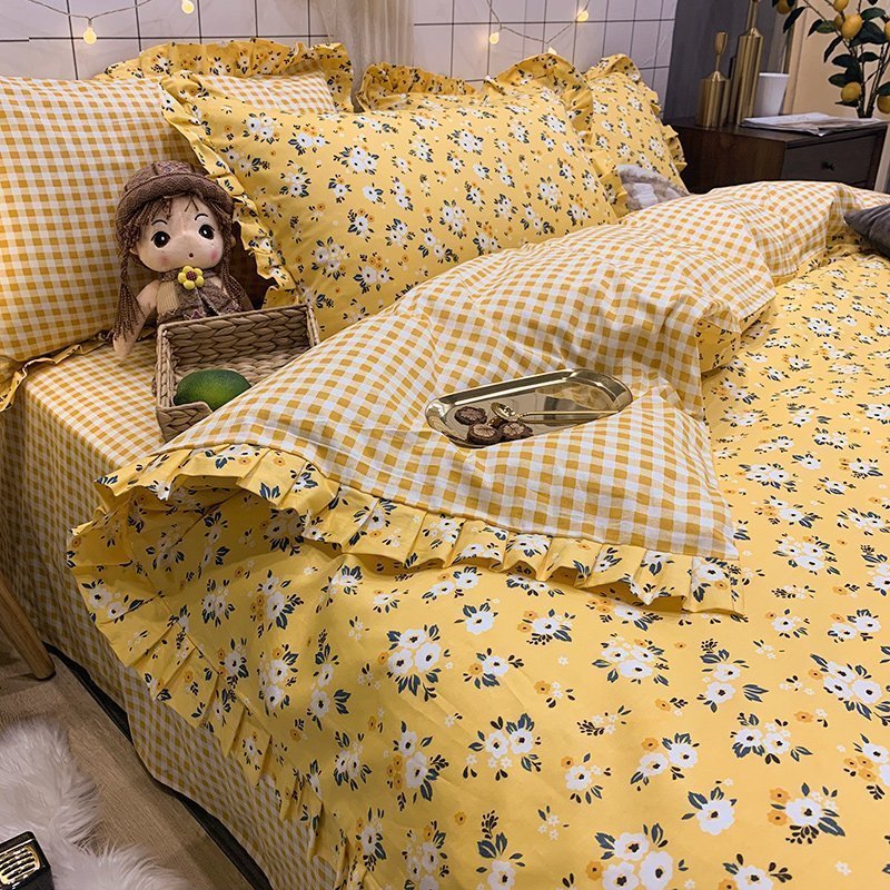 小清新全棉纯棉四件套床上用品公主风少女心荷叶边被套床单三件套_238_696 2.0m床【床单款四件套】-适用220×240被子 L春暖花开-裙边