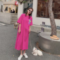 韩国大码女装连衣裙夏季胖mm长款短袖T恤女宽松开叉长裙打底衫女 XXL 玫红色