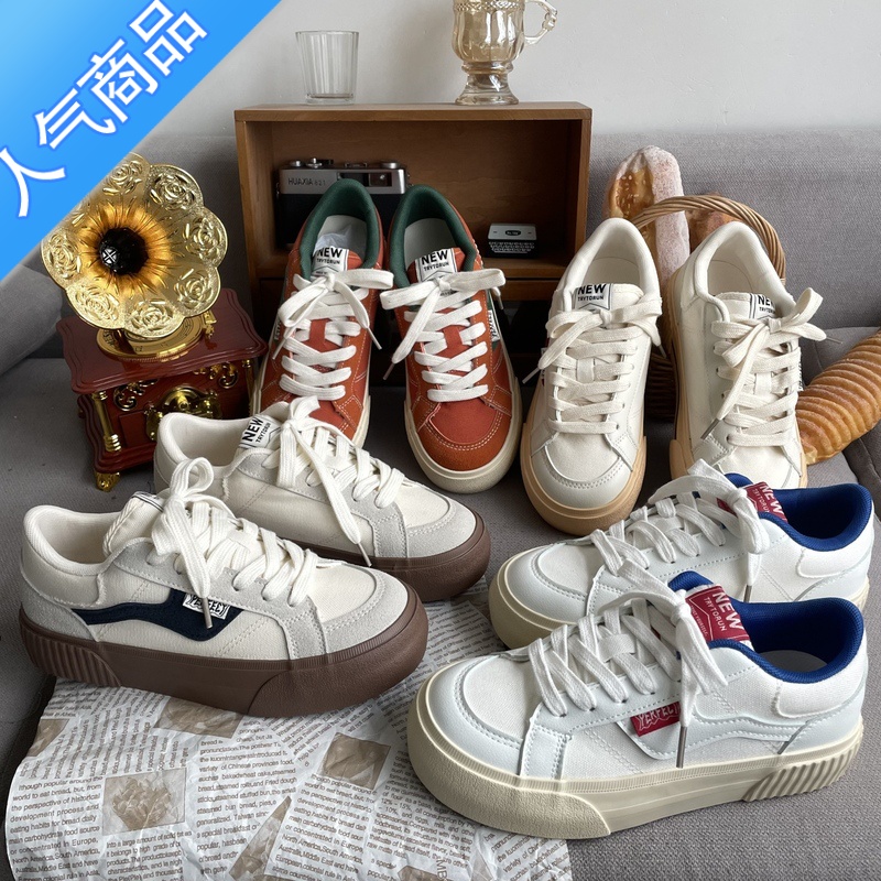 SUNTEK复古百搭焦马兰帆布鞋女2023春夏新款小众原创小白鞋休闲学生板鞋高清大图