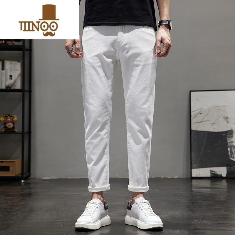 YANXU白色休闲裤男士夏季薄款直筒宽松韩版潮流百搭简约九分牛仔长裤子