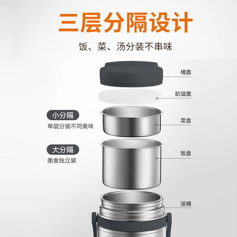 苏泊尔苏泊尔304不锈钢三层保温饭盒KF15A1 黑色