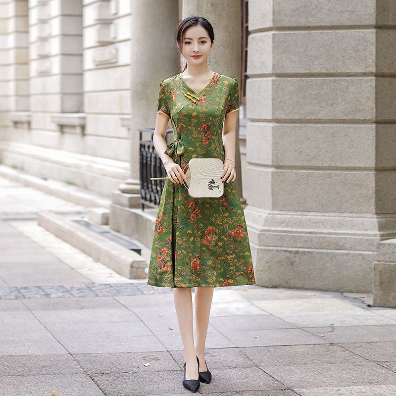 美帛夏季新款旗袍女中国风日常改良版低领中长款旗袍连衣裙女