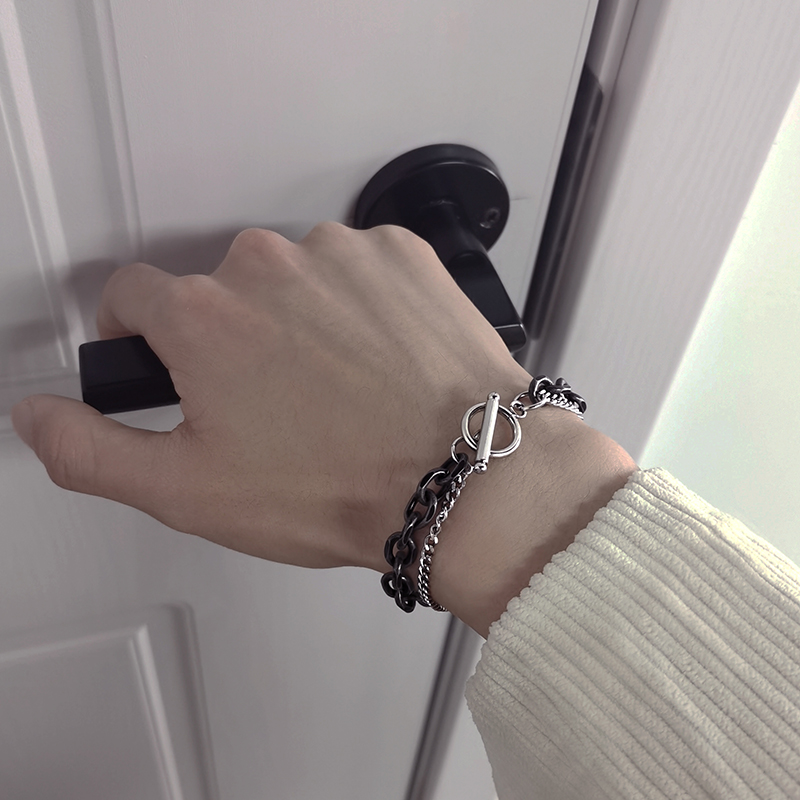 银黑双层叠戴OT平安扣手链新款百搭欧美情侣钛钢手串嘻哈做旧手饰送女朋友老婆情人节七夕生日礼物