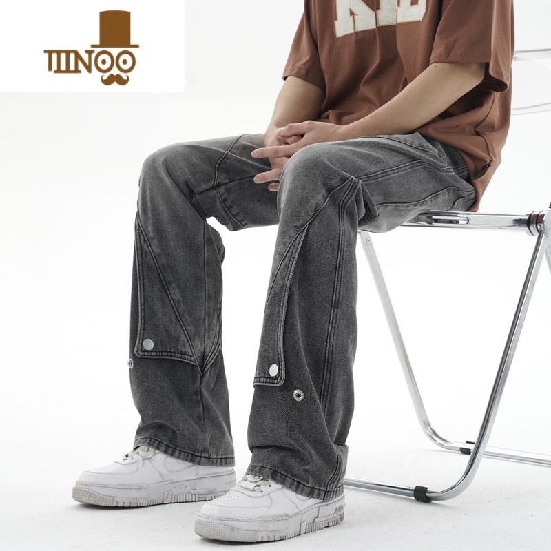 YANXU牛仔裤男夏季新款欧美水洗做旧宽松微喇裤设计感高街vibe直筒裤子