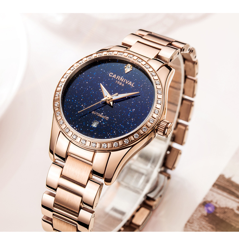 正品嘉年华Carnival手表新款女士全自动机械表 女款镶钻镂空简约款防水时尚潮流女表星空表盘8011L高清大图