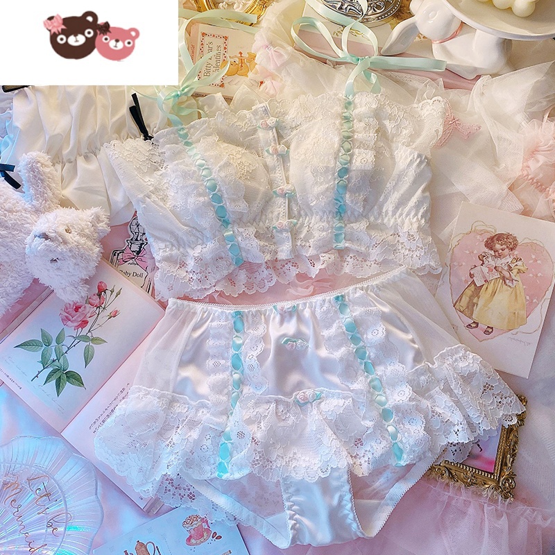 绿彩虹光日系内衣洛丽塔lolita法式复古蕾丝带前扣花朵无钢圈少女文胸