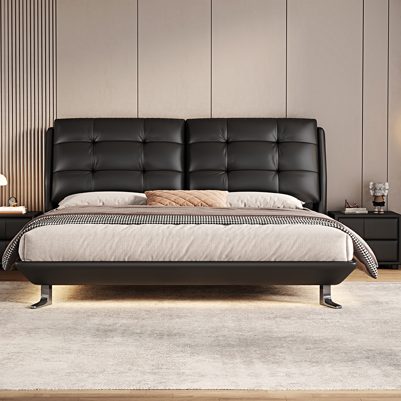 意式真皮床轻奢现代简约双人床鸭子脚满铺悬浮床家用软包婚床高清大图