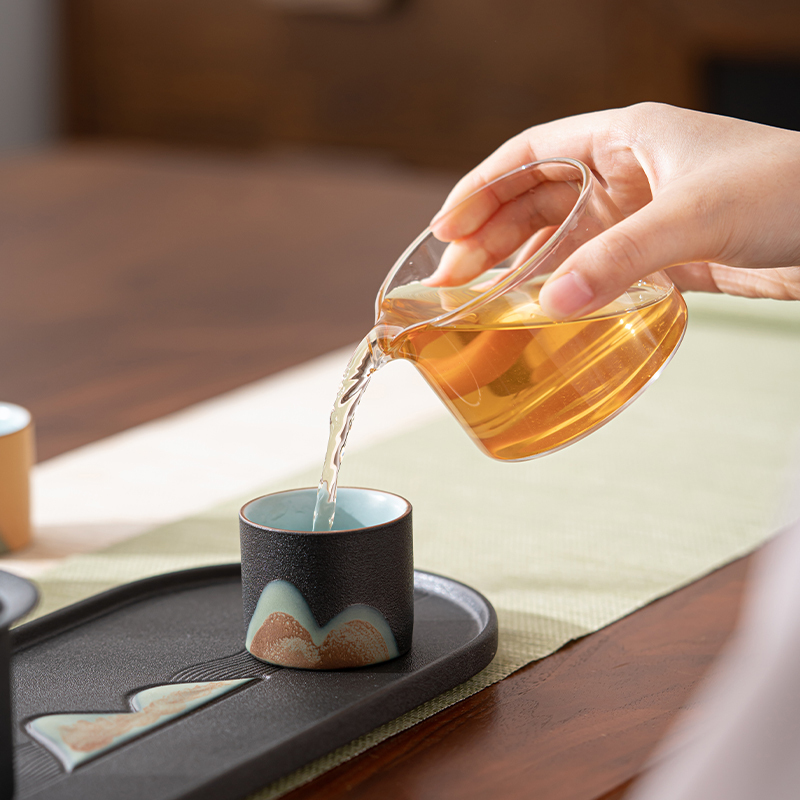 苏氏陶瓷(SUSHI CERAMICS)手绘釉画彩千里江山四色杯行云壶套装禅黑文创伴手礼套组