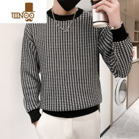 YANXU2023新款圆领加厚套头针织衫男百搭格子毛衣修身打底长袖潮
