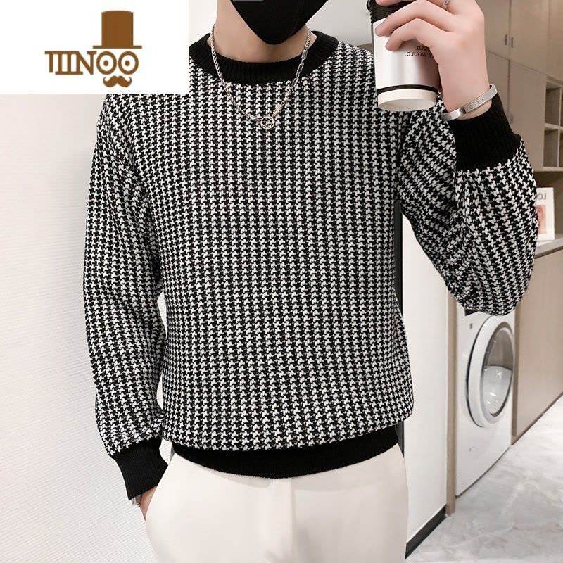 YANXU2023新款圆领加厚套头针织衫男百搭格子毛衣修身打底长袖潮图片