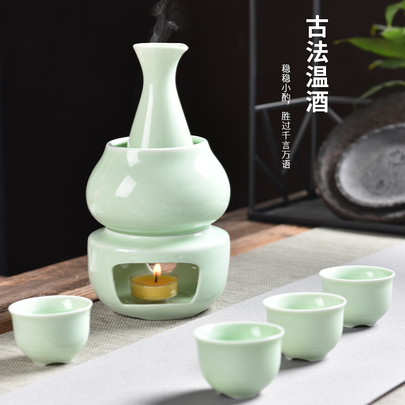 陶瓷温酒器烫酒壶暖酒器加热耐高温温酒壶带烛台炉白酒酒杯钵青瓷酒具套装一壶四杯 整套酒具 送10颗小蜡烛