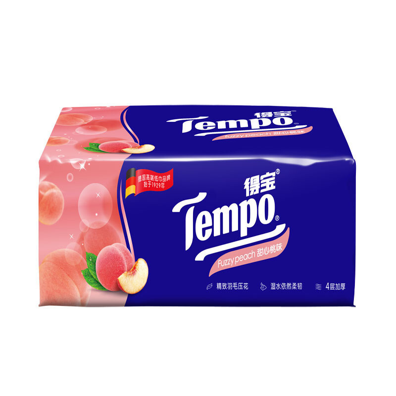 得宝(Tempo) -抽纸甜心桃味4层加厚90抽湿水柔韧卫生纸整箱T2358-A 16包高清大图