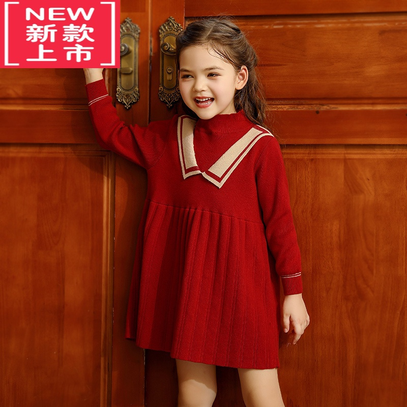 可莉允女童冬季连衣裙洋气红色儿童毛衣裙秋冬新年衣服小女孩拜年服过年