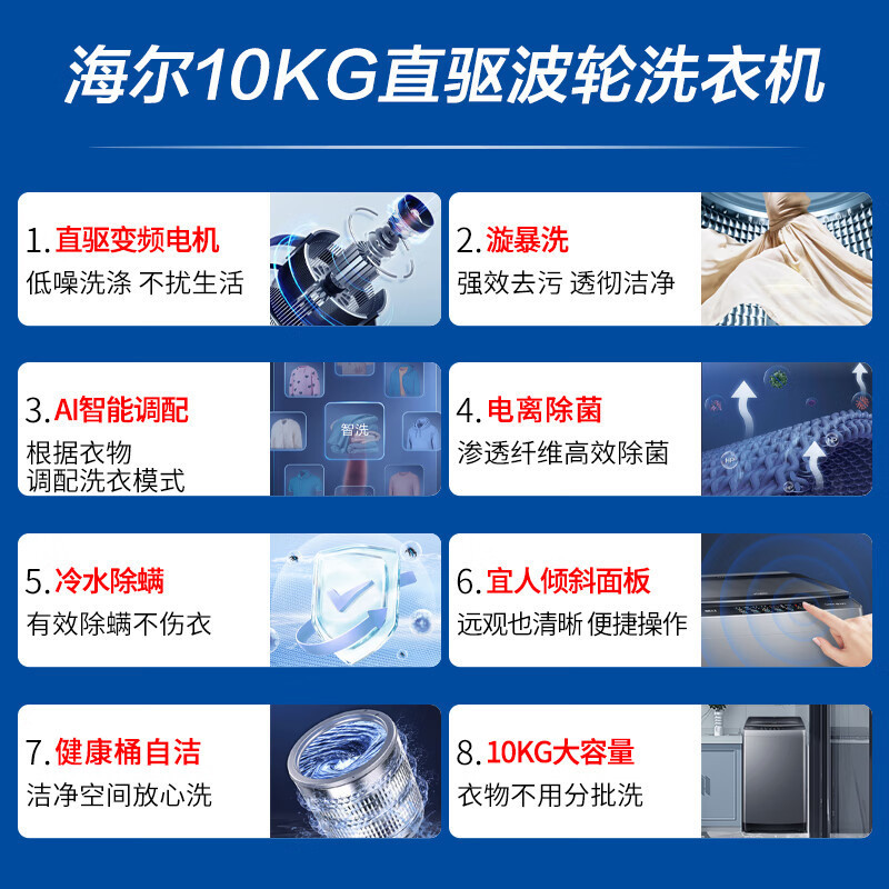 海尔(Haier)波轮洗衣机全自动10公斤容量直驱变频一级能效家用智洗桶自洁冷水除螨洗+预约洗XQB100-BZ6088高清大图