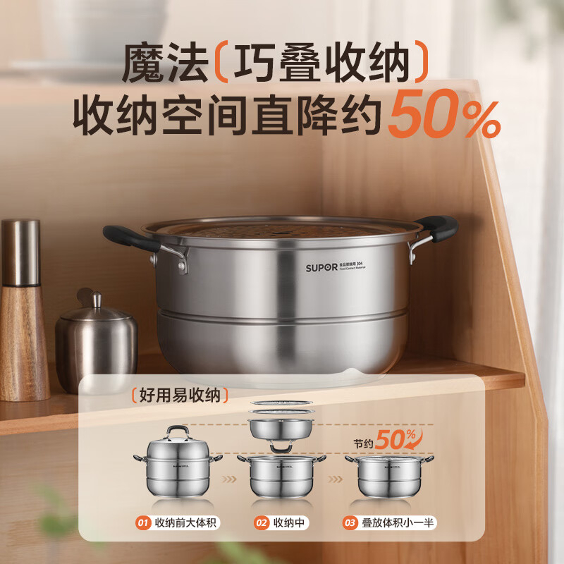 苏泊尔蒸锅30cm不锈钢多功能易存储双层复底EZ30JBS01高清大图