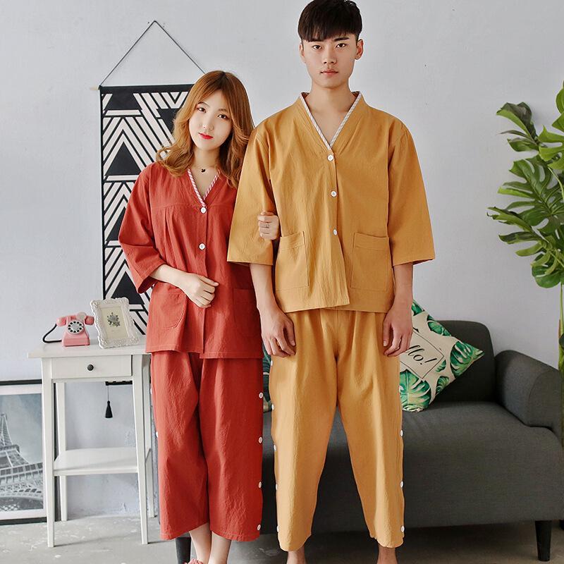 2018女款纯棉前后背开衫系扣男款全棉裤腿开缝按摩服艾灸理疗服汗蒸服女红色皱棉长款前后开腿开XL码女100斤男130斤