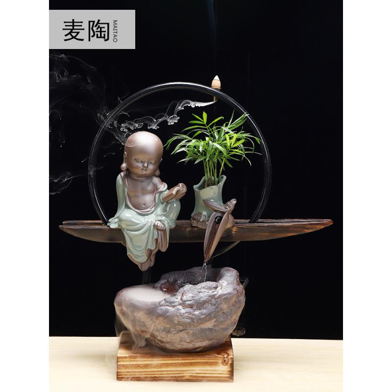 美帮汇创意中式小和尚流水器禅意加湿器陶瓷喷泉家居客厅书房工艺品摆件高清大图