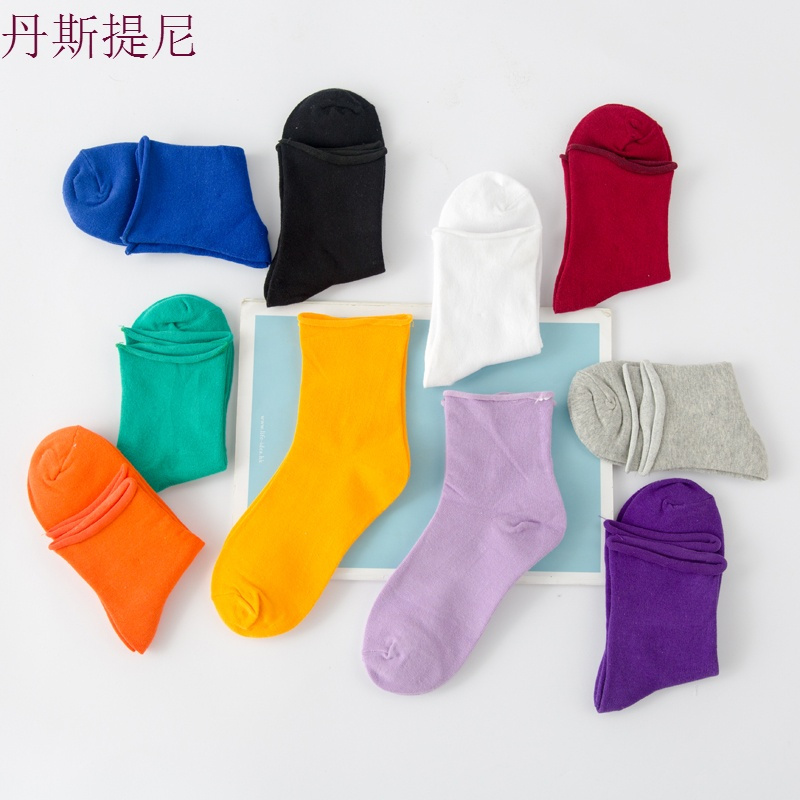 堆堆袜女秋季百搭女士袜子韩国学院风日系可爱纯棉运动卷边中筒袜