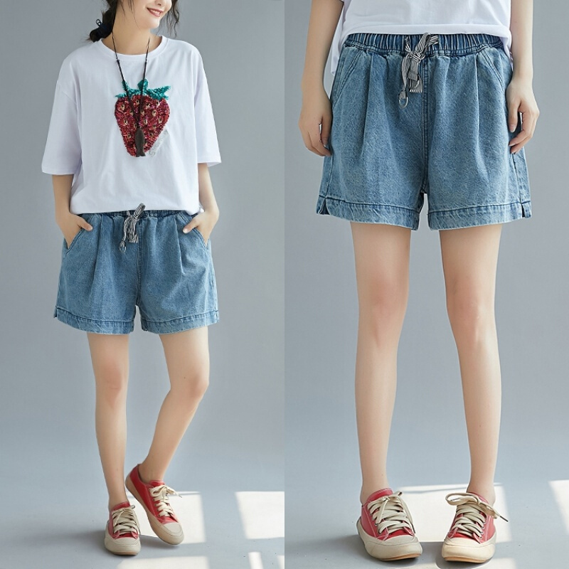 大码女装胖mm夏洋气短裤套装韩版宽松休闲百搭紧腰牛仔阔腿裤热裤2959