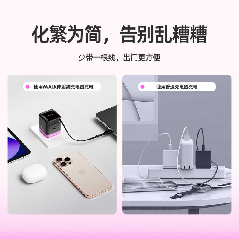 iWALK新款65W伸缩充电器数据线适用苹果安卓自带线快充氮化镓充电头高清大图