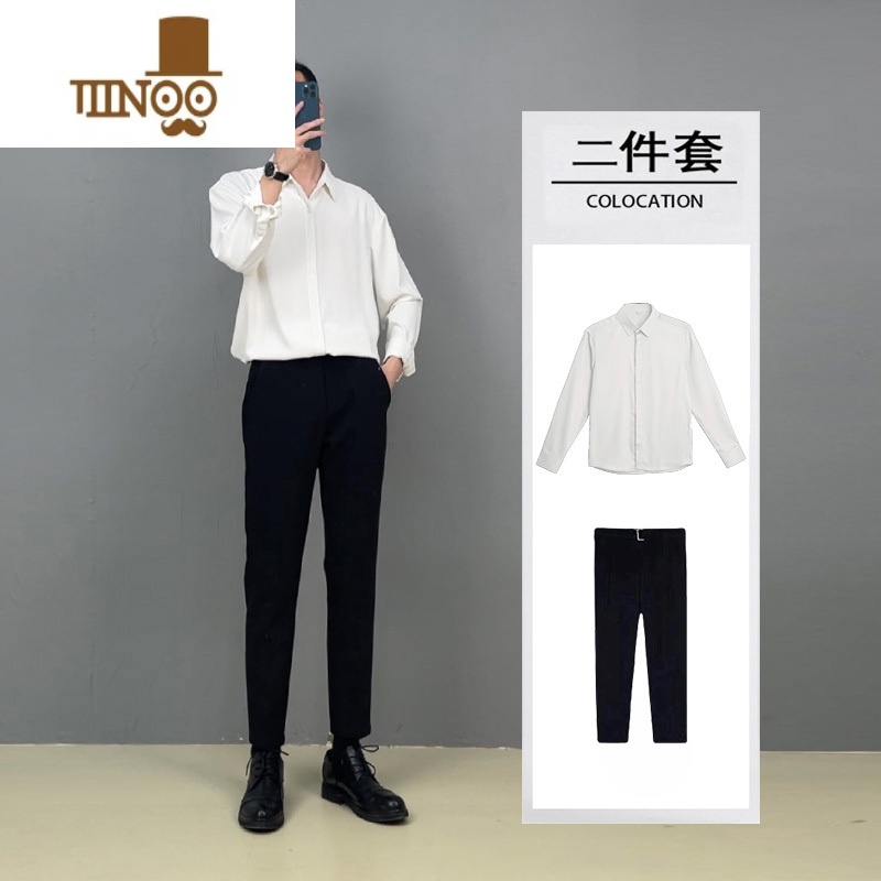 YANXU黑色衬衫男长袖感痞帅潮轻熟风休闲套装痞帅白dk垂感衬黑高清大图