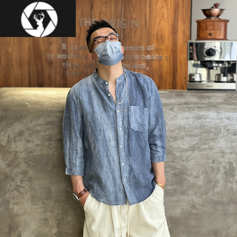 zun港风夏季简约亚麻衬衣男日系复古扎染立领痞帅炸街七分袖休闲衬衫