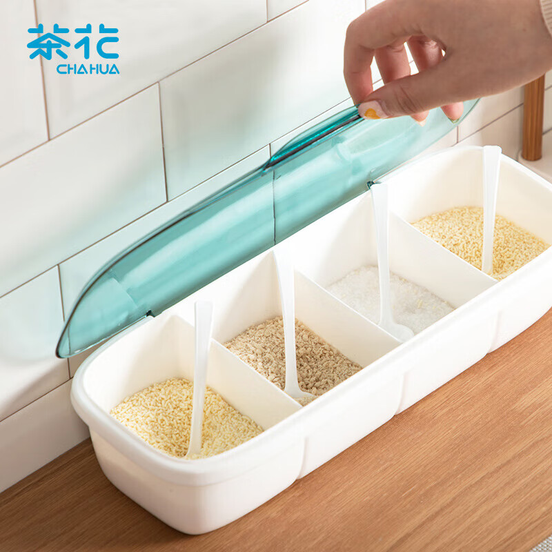 茶花(CHAHUA)盐罐调味罐塑料厨房调料盒调料罐收纳调味盒 四格一体翻盖带小勺