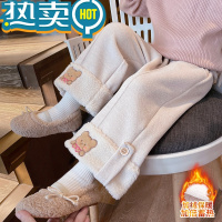 绿彩虹光女宝宝秋冬季加绒裤子女童冬款外穿脚口绣花小熊加厚一体绒休闲裤