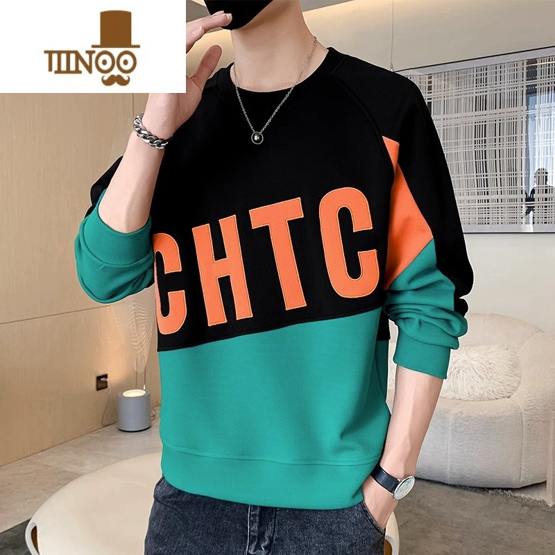 YANXU长袖T恤男美式高街字母印花拼接卫衣男装宽松圆领上衣服潮高清大图