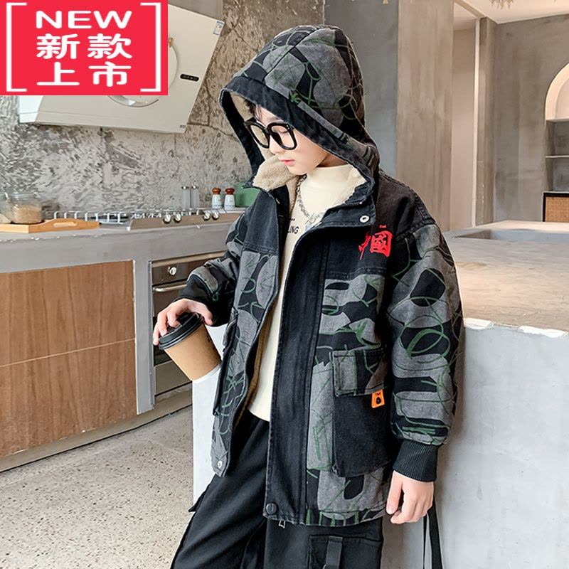 可莉允男童秋冬牛仔加绒外套2022新款洋气中大儿童冬季棉服加厚冲锋衣潮图片